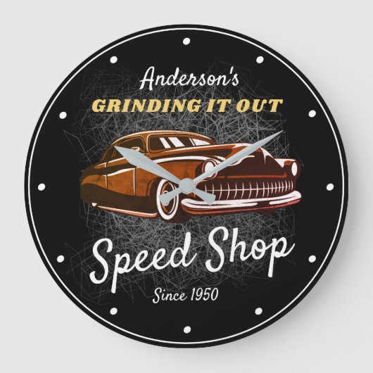 Any Name Speed Shop、スローガン・ビンテージ・カーオン・ブラック  ラージ壁時計 (正面)