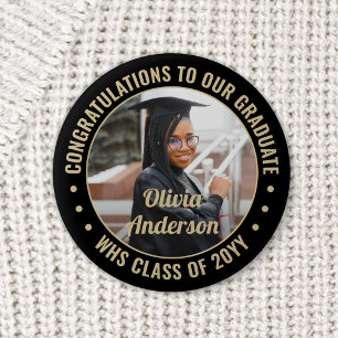 Any Text Graduation Photo Elegant Black and Gold 缶バッジ