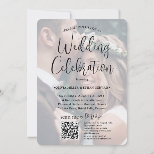 Any Text Trendy Script & Photo QR RSVP Wedding 招待状 (正面)