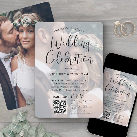 Any Text Trendy Script & Photo QR RSVP Wedding 招待状