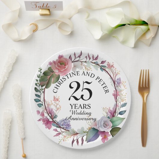 Any Wedding Elegant Floral Anniversary ペーパープレート (ウェディング)