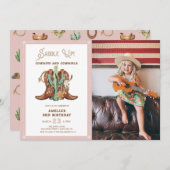 any yearピンクウェスタン女性のカーボーイ誕生日招待状 招待状 (正面/裏面)