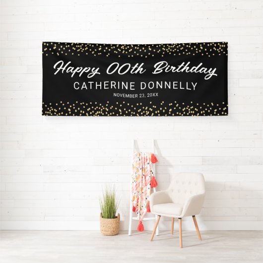 Any Yearブラック金ゴールドハッピーバースデー 横断幕 (インサイチュ)