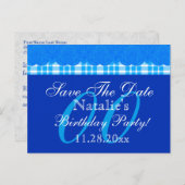 ANY YEAR日付の保存誕生日ブルーレースプレイドV7 案内ポストカード (正面/裏面)