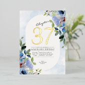 Any Year Blueフローラ誕生日金ゴールド 箔招待状 (立ち正面)