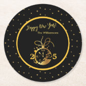 Any Year Happy New Year's Black金ゴールド時計 ラウンドペーパーコースター (正面)
