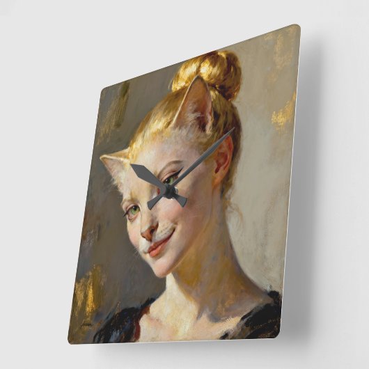 “Anya, Meticulously Content” – A Feminine Feline  スクエア壁時計 (傾斜)