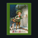 "Anybody Home ?" Vintage Christmas シーズンポストカード<br><div class="desc">Beautiful vintage Christmas image of a young boy knocking on a door ready to deliver a sealed letter and some Christmas gifts. A little dog has come along to help. The message is "A Happy Christmas"></div>