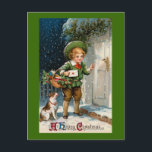 "Anybody Home ?" Vintage Christmas シーズンポストカード<br><div class="desc">Beautiful vintage Christmas image of a young boy knocking on a door ready to deliver a sealed letter and some Christmas gifts. A little dog has come along to help. The message is "A Happy Christmas"></div>