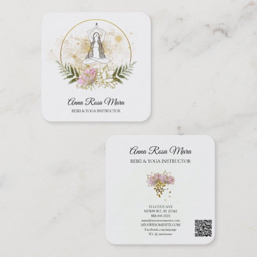 *~* AP32ピンクロータスヨガ女性QRロゴ スクエア名刺 (正面/裏面)