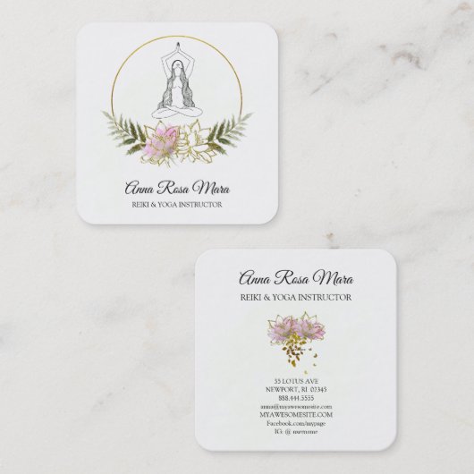 *~* AP32金ゴールドピンクロータスヨガ女性エネルギー スクエア名刺 (正面/裏面)