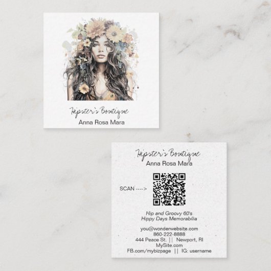 *~* AP57オレンジボホQRフラワーヘアヒッパイガール スクエア名刺 (正面/裏面)