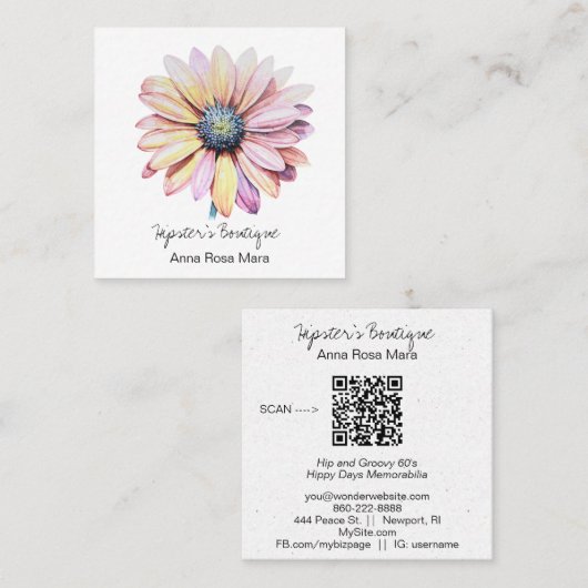 *~* AP57ボホQRはっきりしたレトロ60の花デイジー スクエア名刺 (正面/裏面)