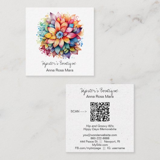 *~* AP57ボホQRはっきりしたレトロ60の花束 スクエア名刺 (正面/裏面)