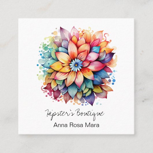 *~* AP57ボホQRはっきりしたレトロ60の花束 スクエア名刺 (正面)