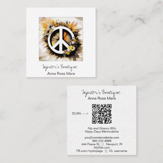 *~* AP57 グランジ QR平和シンボルフローラBoho AP57 スクエア名刺 (正面/裏面)