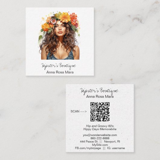 *~* AP57 QRオレンジボホフラワーヘアヒッパイレディ スクエア名刺 (正面/裏面)