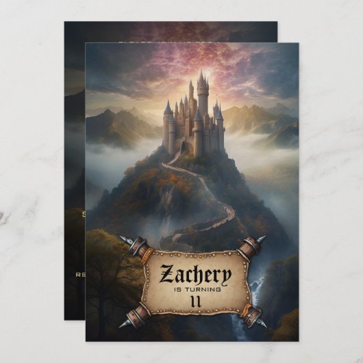 *~* AP88マウンテンキャッスル中世ファンタジー誕生日 招待状 (正面/裏面)