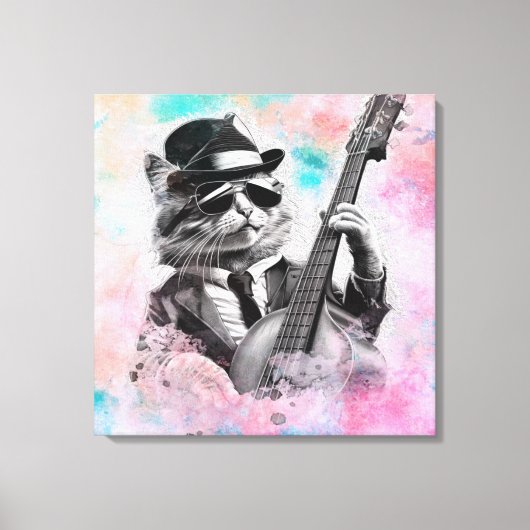 *~ AP91ピンクブルーパーカッショニスト猫クールドラマー キャンバスプリント (正面)