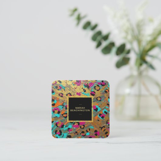 ** AP93ヒョウ動物ネオンはっきりした抽象芸術金ゴールド スクエア名刺 (スタンド正面)