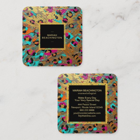 ** AP93ヒョウ動物ネオンはっきりした抽象芸術金ゴールド スクエア名刺 (正面/裏面)
