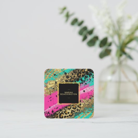 ** AP93抽象芸術金ゴールドヒョウ動物ネオンはっきりした スクエア名刺 (スタンド正面)