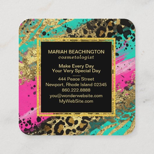 ** AP93抽象芸術金ゴールドヒョウ動物ネオンはっきりした スクエア名刺 (裏面)