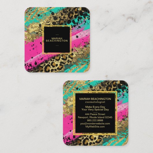 ** AP93抽象芸術金ゴールドヒョウ動物ネオンはっきりした スクエア名刺 (正面/裏面)