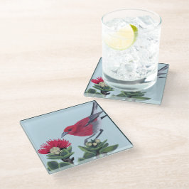 Apapane & Lehua Blossom Hawaii Nature Illustration ガラスコースター