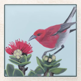 Apapane & Lehua Blossom Hawaii Nature Illustration ガラスコースター