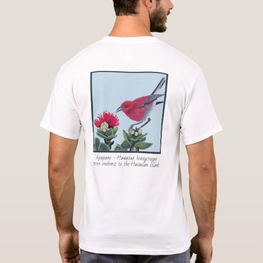 Apapane & Lehua Blossom Hawaii Nature Illustration Tシャツ (裏面)