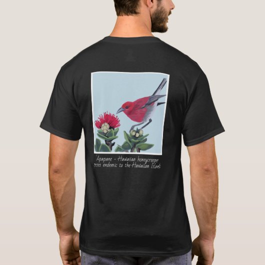 Apapane & Lehua Blossom Hawaii Nature Illustration Tシャツ (裏面)