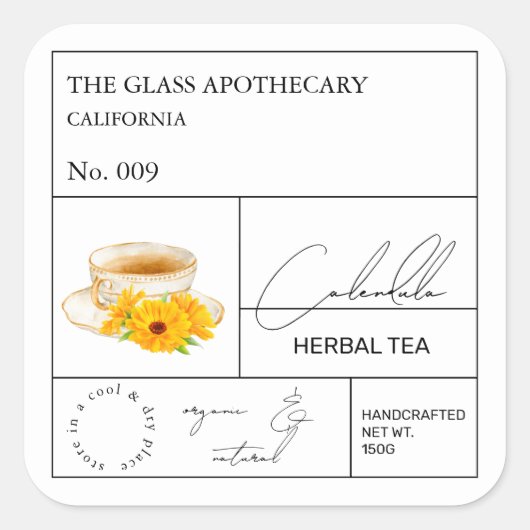 Apothecary Calendula Herbal Tea Label スクエアシール (正面)