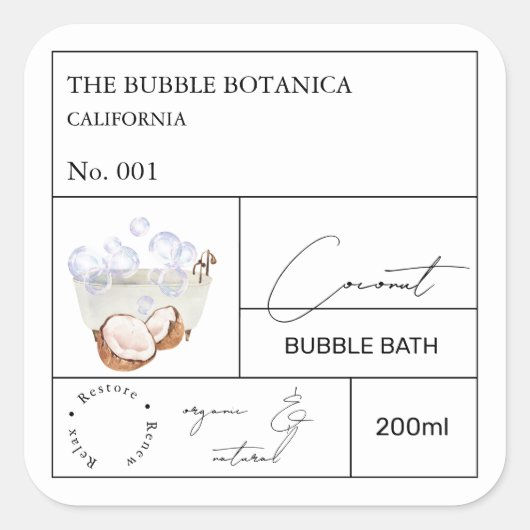 Apothecary Coconut Bubble Bath Label スクエアシール (正面)