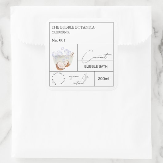 Apothecary Coconut Bubble Bath Label スクエアシール (バッグ)