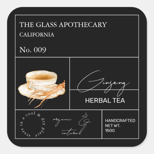Apothecary Ginseng Herbal Tea Label スクエアシール (正面)