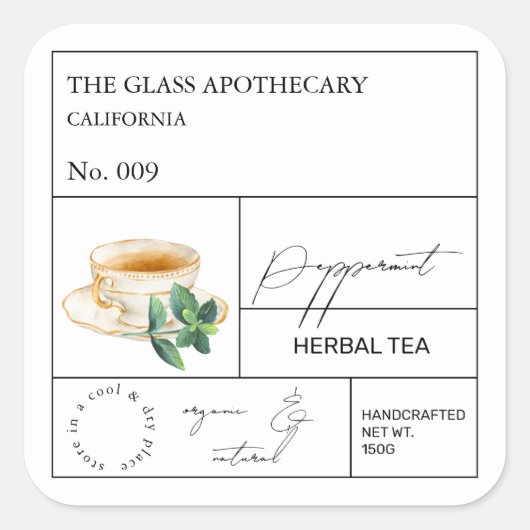 Apothecary Peppermint Herbal Tea Label スクエアシール (正面)