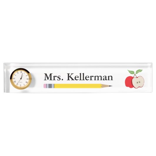 Appleおよび鉛筆の先生の名前 デスクネームプレート (正面)