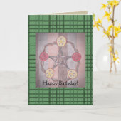 Appleの切れの星形五角形の誕生日の緑の格子縞 カード (黄色い花)