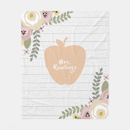 Appleの灰色の木製の挨りだらけの花のピンクの先生 フリースブランケット (正面)