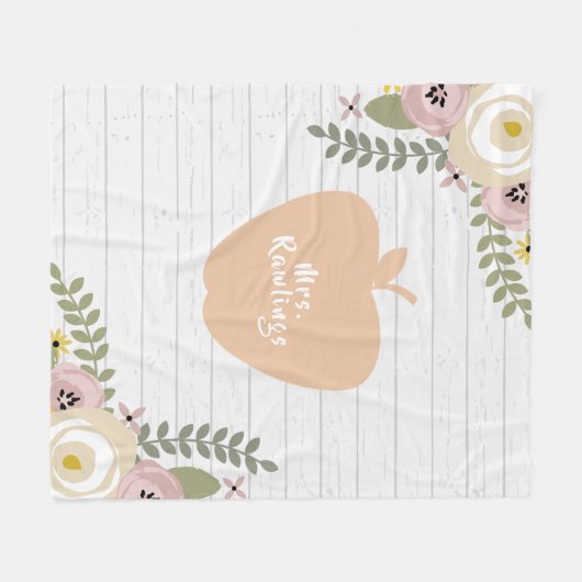 Appleの灰色の木製の挨りだらけの花のピンクの先生 フリースブランケット (正面(横))