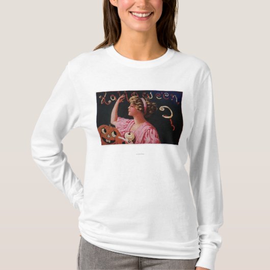 Appleの皮をむいている女性によるハロウィーンのカボチャのちょうちん Tシャツ (正面)