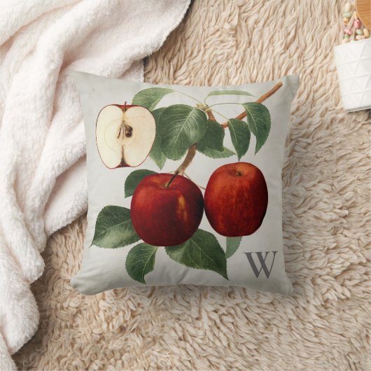 Appleの赤い植物の水彩画のモノグラムのなイニシャル クッション (ブランケット)