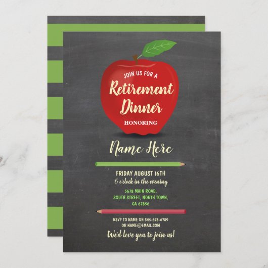 Appleの退職パーティーの素朴な赤い先生のチョーク 招待状 (正面/裏面)