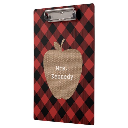 Appleバッファローの格子縞のバーラップのパーソナライズな先生 クリップボード (左)