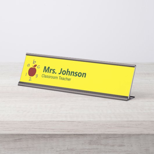Apple ABC 123黄色の先生の名前と役職 デスクネームプレート (正面)