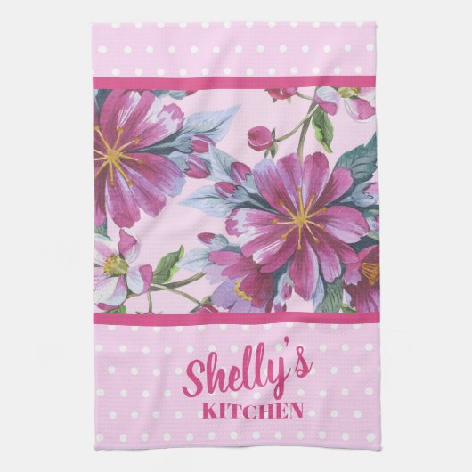 Apple Blossoms and Pink Polka Dots Kitchen Towel キッチンタオル (縦)