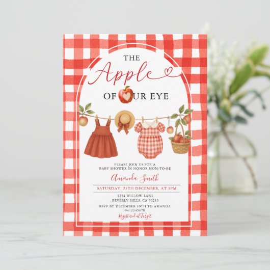 Apple Clothesline Fall Rustic Gingham Baby Shower 招待状 (スタンド正面)