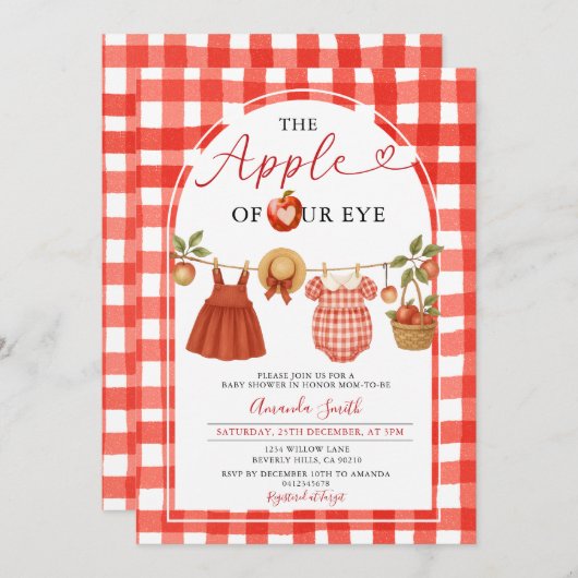 Apple Clothesline Fall Rustic Gingham Baby Shower 招待状 (正面/裏面)