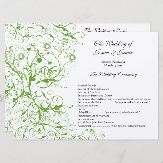 Apple Green Birdsの結婚サービス順序 招待状 (正面/裏面)